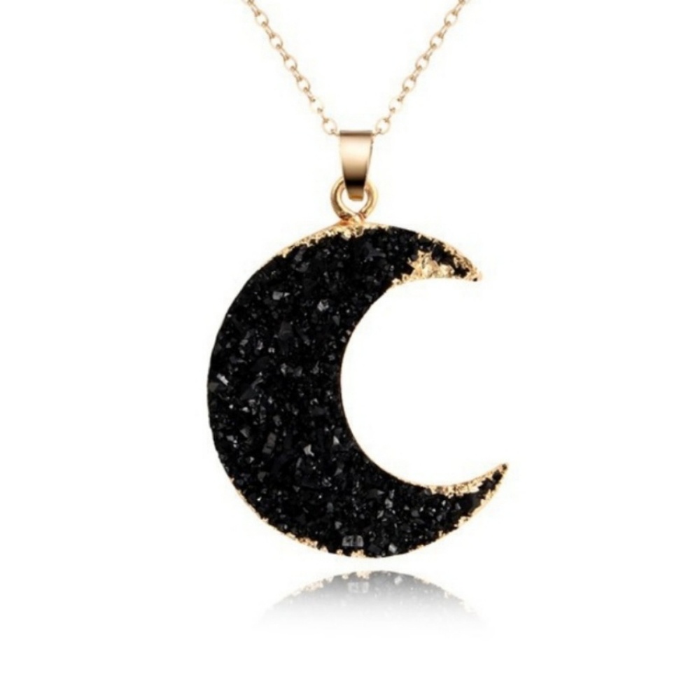Black Druzy Crescent Moon Necklace